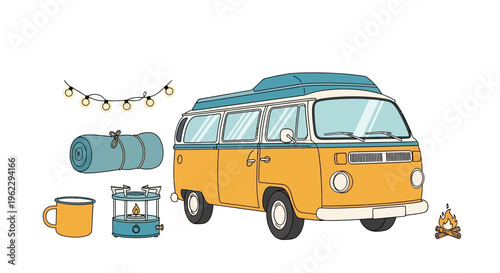 A cheerful illustration of a vintage van ready for a camping adventure with outdoor gear