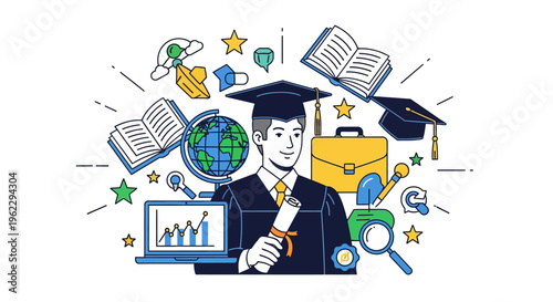 Graduation cap student with diploma and education icons around
