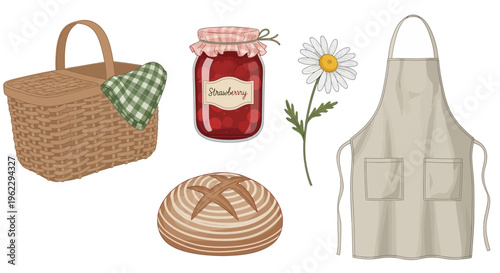 A collection of items associated with a picnic and homemade cooking