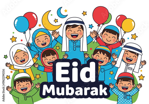 Happy Muslim Children Celebrate Eid Mubarak with Balloons & Crescents - Joyful Cartoon Illustration