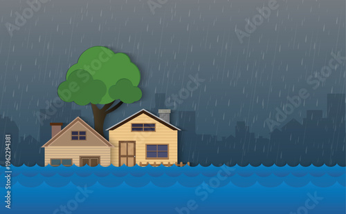 Flood natural disaster with house, heavy rain and storm , damage with home, clouds and rain, flooding water in city, Flooded house.