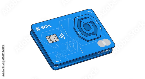 A blue credit card with BNPL and a chip on a white background, representing modern financial technology