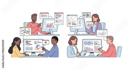 Business people working on computers together.