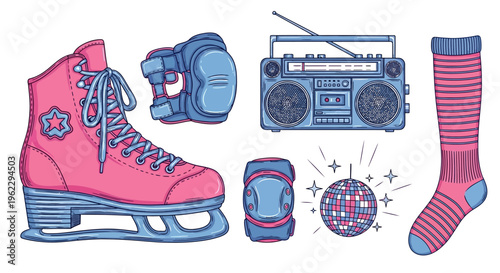 A nostalgic collection of winter and music-themed items from decades past