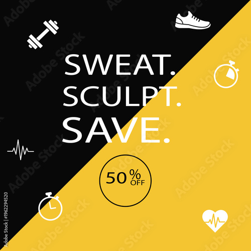 Fitness promotion banner advertises a fifty percent discount using bold text and gym-related icons against a striking black and yellow background.