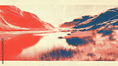 Halftone Mountain Lake Landscape in Red and Blue