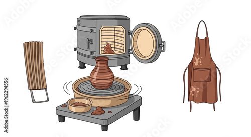 Traditional pottery wheel and tools in a studio setting