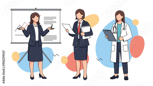 Professional women characters including a presenter, a manager, and a doctor, representing diverse career paths for females.