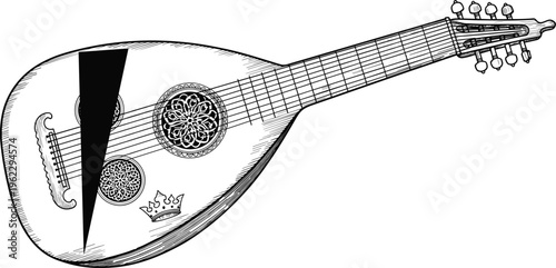 Hand drawn vector illustration of a traditional oud musical instrument with detailed carvings isolated on white background.