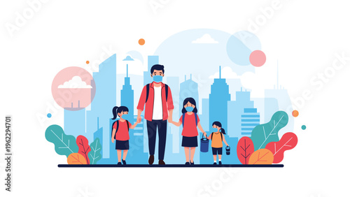 Family walking together in a city wearing protective face masks, highlighting health safety and urban lifestyle during a pandemic.