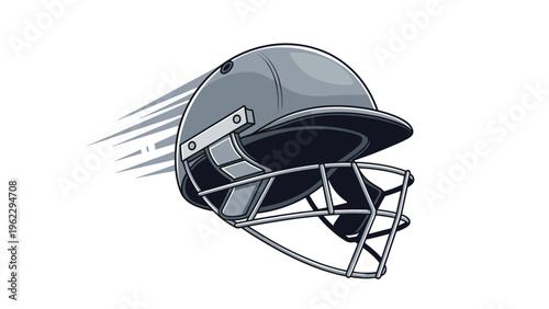 Protective cricket helmet flying through the air with speed lines, symbolizing action and dynamic movement in the sport.