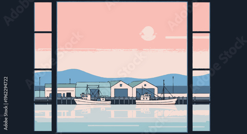 Illustration of Boats and Buildings by Water.