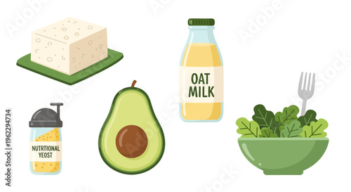 Healthy ingredients including avocado, cottage cheese, oat milk, and salad