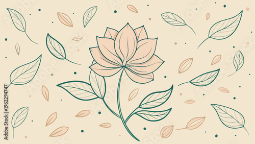 Beautiful peach colored lotus flower with green leaves and dots on cream background