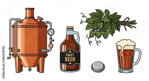 Traditional beer brewing process and final product display