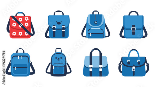 Collection of various school bags and backpacks in different designs and blue shades, suitable for children and students.