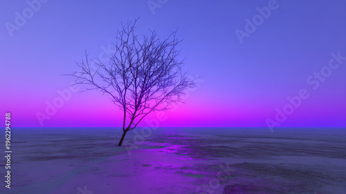 Surreal Purple Landscape with a Solitary Bare Tree Silhouette