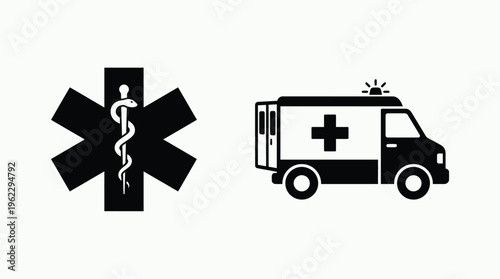 Medical symbols featuring a star of life and ambulance black silhouette