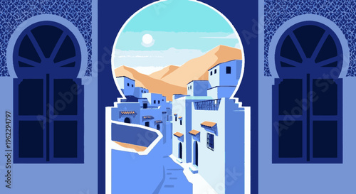 Illustration of Mediterranean Village through Archway.