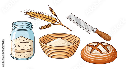 Traditional bread-making ingredients and tools displayed together on a flat surface
