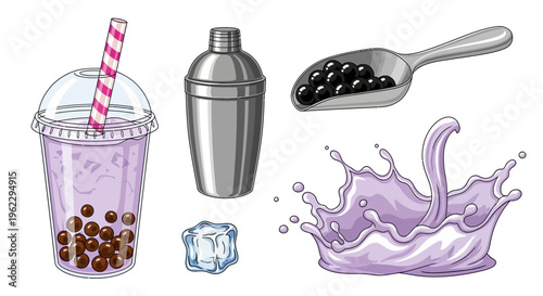 Colorful mix of ingredients and tools for making a fun purple drink concoction