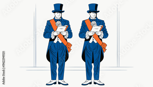 Elegant gentlemen in formal attire reading documents side by side