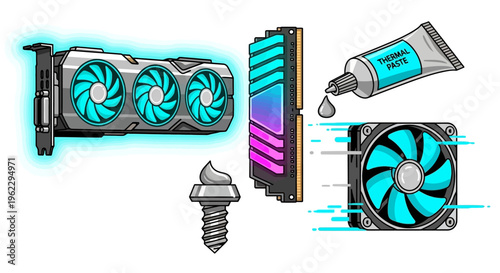 Illustration of computer components and cooling solutions for a smartphone and pc