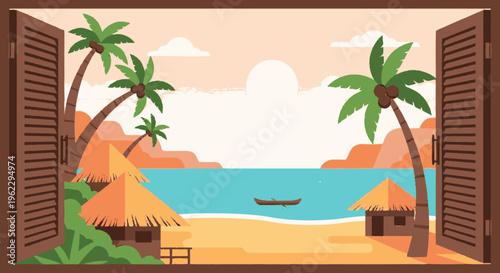 Tropical Beach Scene with Palm Trees.