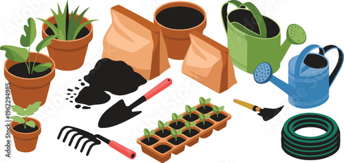 Gardening Tools And Plants Flat Design Elements Home Gardening Project Collection Flower Pot Watering Can Shovel Vector Set
