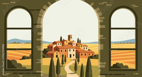 Villa through Archway with Tuscan Landscape.