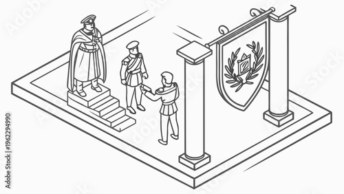 Ancient roman soldier standing on steps with another soldier and a civilian presenting a scroll near a shield and column
