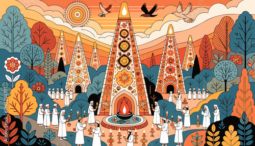 People in white robes gather around a fire at a colorful zoroastrian temple surrounded by trees and mountains at sunset