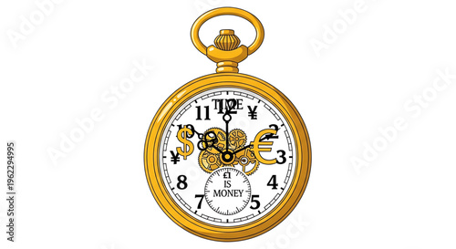 A gold pocket watch with a white face and black numbers illustrating the concept of time is money in a financial and business context.