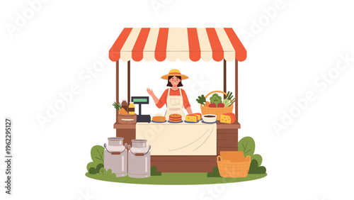 Friendly woman selling fresh organic produce and dairy products at a local market stall with a red and white striped awning.