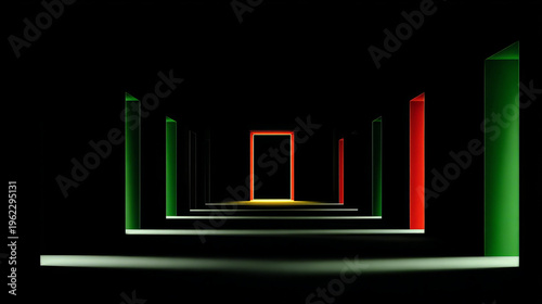 Abstract Dark Corridor with Glowing Door and Colorful Pillars