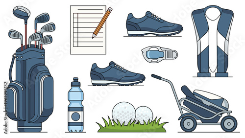 Comprehensive set of golf equipment including clubs, balls, shoes, a water bottle, and a scorecard for sports enthusiasts.