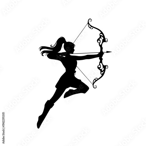 Silhouette of a woman in motion drawing a bow and arrow with elegance and precision in a dynamic pose