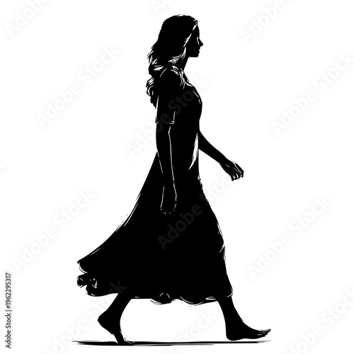 A black silhouette illustration of a woman walking in a long dress with her hair flowing behind her on a white background with shadows under her feet.