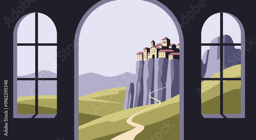 Castle Viewed Through Arched Windows.