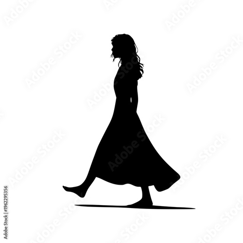 Silhouette of a woman walking alone in a flowing dress against a white background, captured in a dynamic stride.