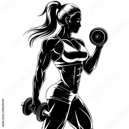 Muscular woman lifting dumbbells in a dynamic fitness pose showcasing strength