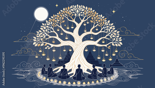 Buddhist monks meditate under a tree with hanging lanterns at night