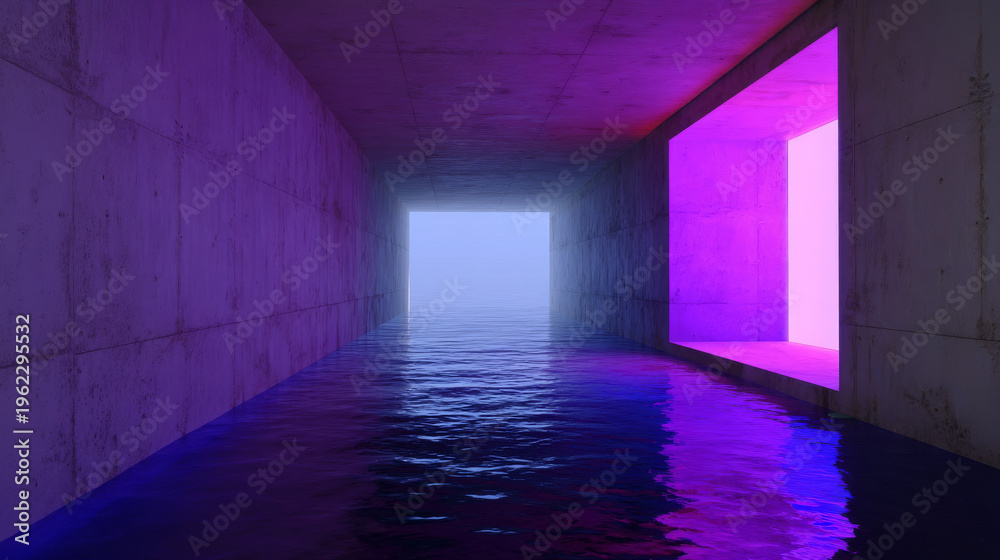 Fototapeta premium Futuristic Flooded Concrete Tunnel with Neon Lights