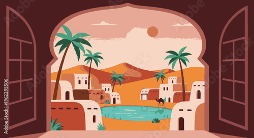 Desert Oasis Village Scene with Palm Trees.