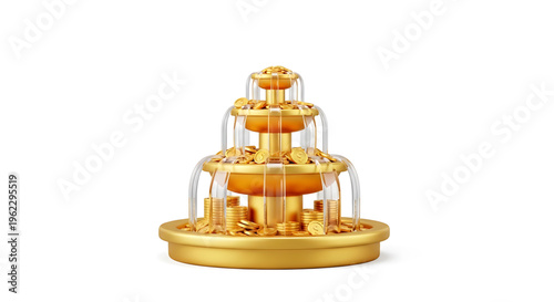 A golden coin fountain with a glass enclosure on a white background