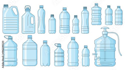 Large variety of plastic water bottles and containers in different shapes and sizes, suitable for recycling and storage concepts.