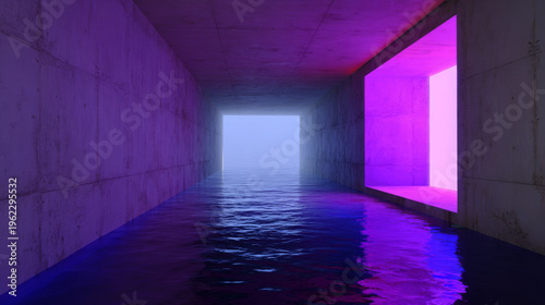 Futuristic Flooded Concrete Tunnel with Neon Lights