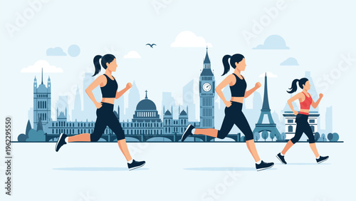 Group of women jogging against a backdrop of famous world landmarks like Big Ben and the Eiffel Tower under a cloudy sky.