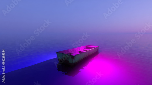 Ethereal Rusty Boat on Calm Water with Neon Blue and Magenta Lighting