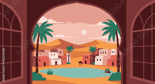 Desert Oasis Village Illustration with Palm Trees.